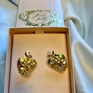 Kirk’s Folly, Beautiful Vtg Goldtone Heart Floral Earrings, ladybug, AB crystal